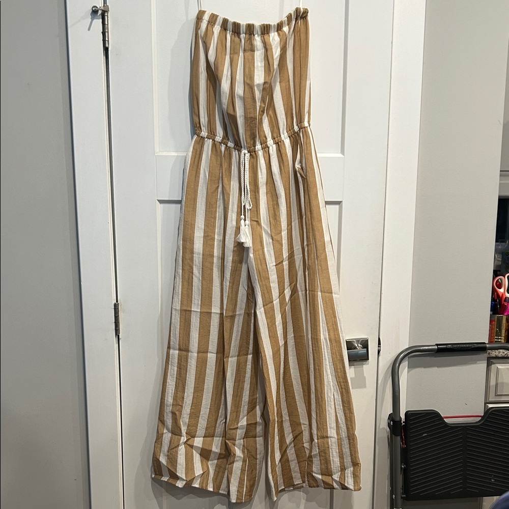 fab'rik Tan and White Striped Wide-leg Jumpsuit
